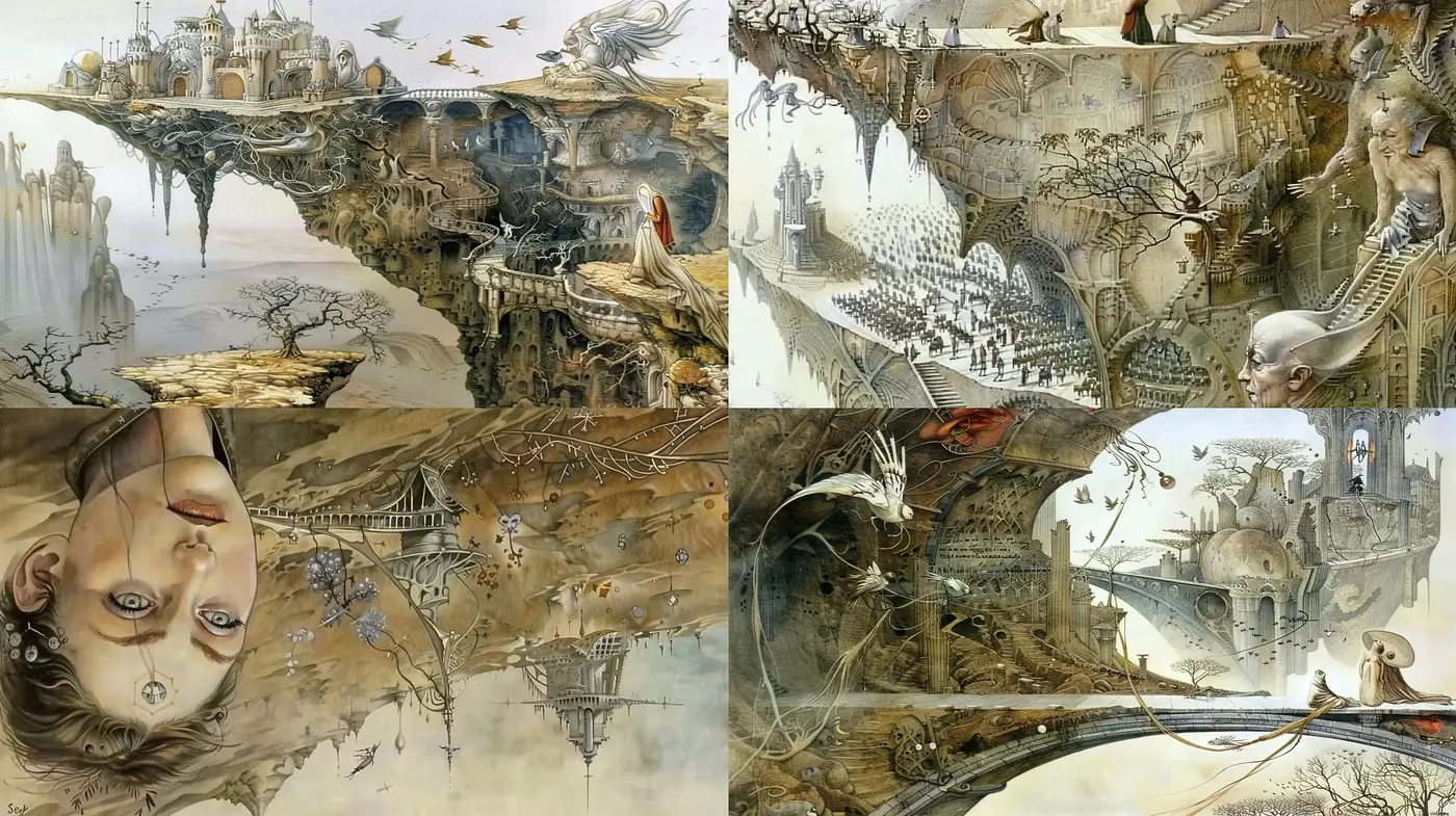 Surrealistic Dreamscapes with a Sepia-Toned Ethereal Ambience - Midjourney sref style