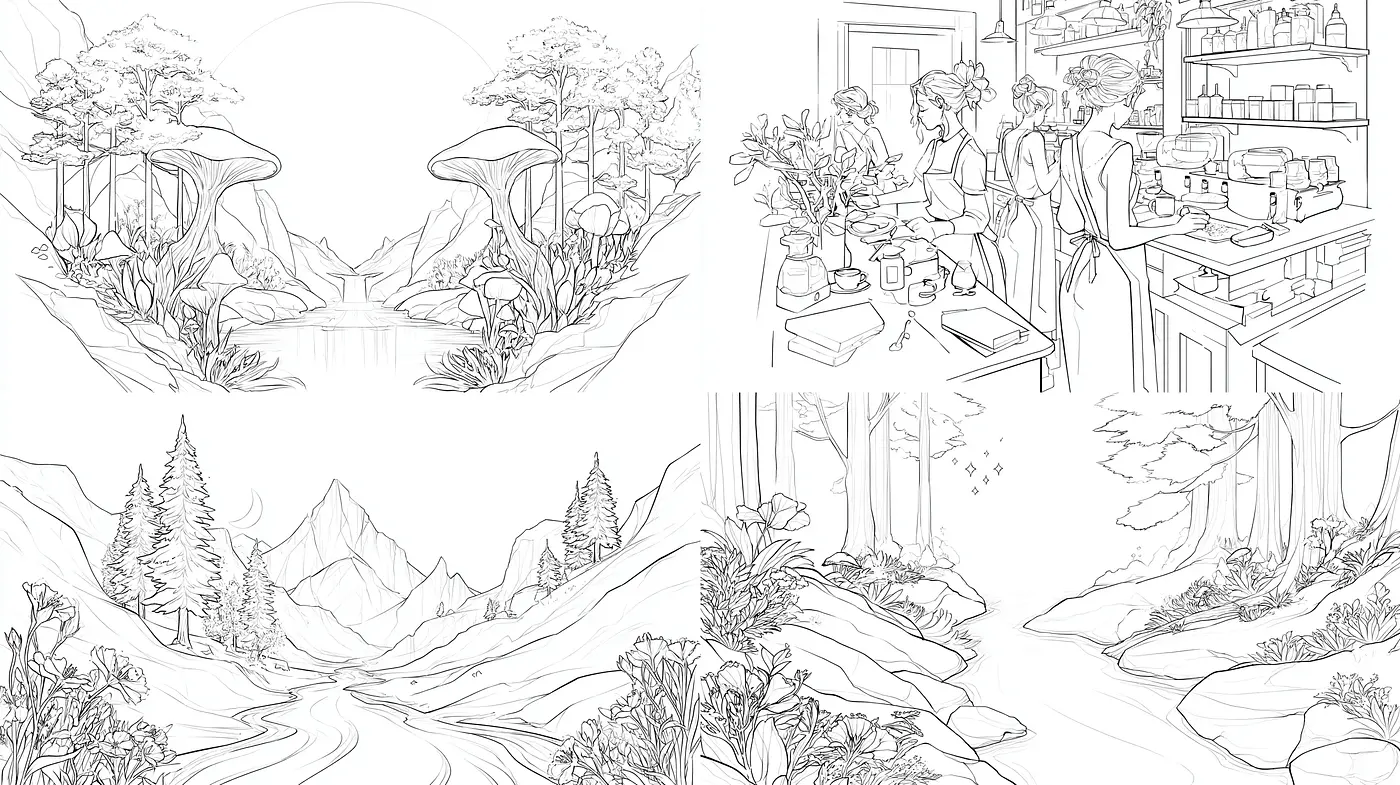 Botanical and Culinary Landscapes with Whimsical Touches and Fine Line Art - Midjourney sref style