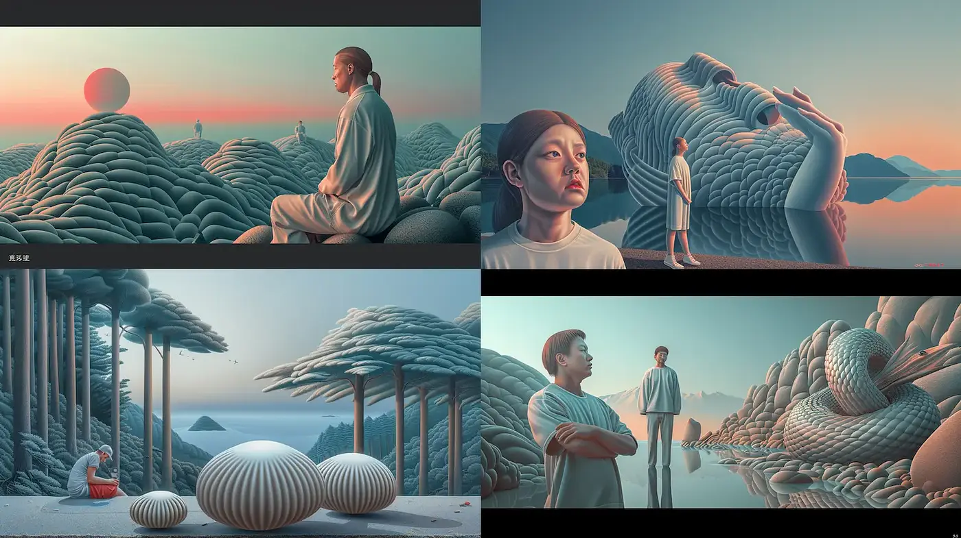 Surreal Landscape with Human Elements in a Dreamlike Color Palette - Midjourney sref style