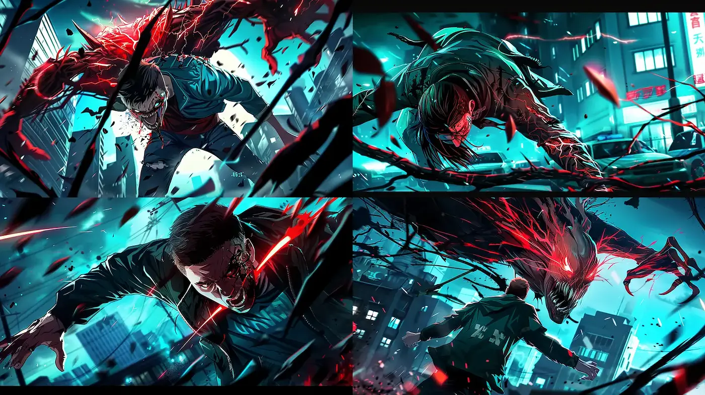 Dynamic, high-energy illustrations with a vibrant, horror-infused aesthetic - Midjourney sref style