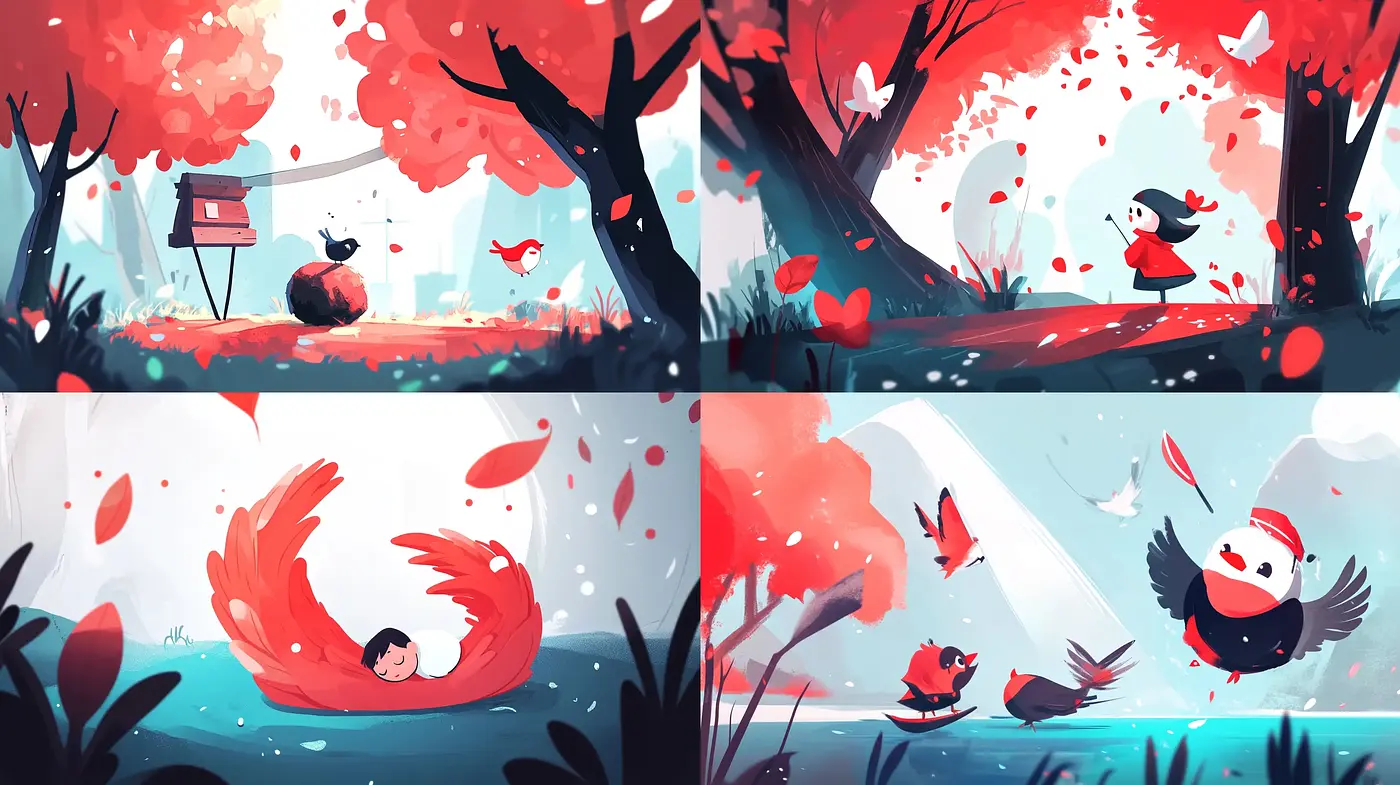 Whimsical Nature in Vivid Red Hues with Dynamic Contrasts - Midjourney sref style