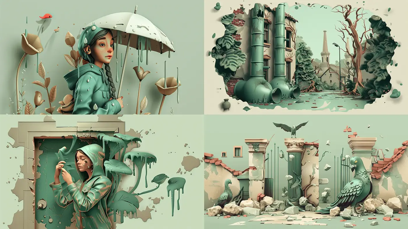 Surreal Dreamscape Fusion with a Nostalgic Pastel Palette - Midjourney sref style