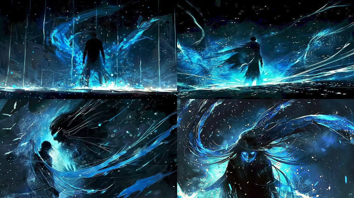 Ethereal Cosmic Swirls in Luminescent Blues and Blacks - Midjourney sref style