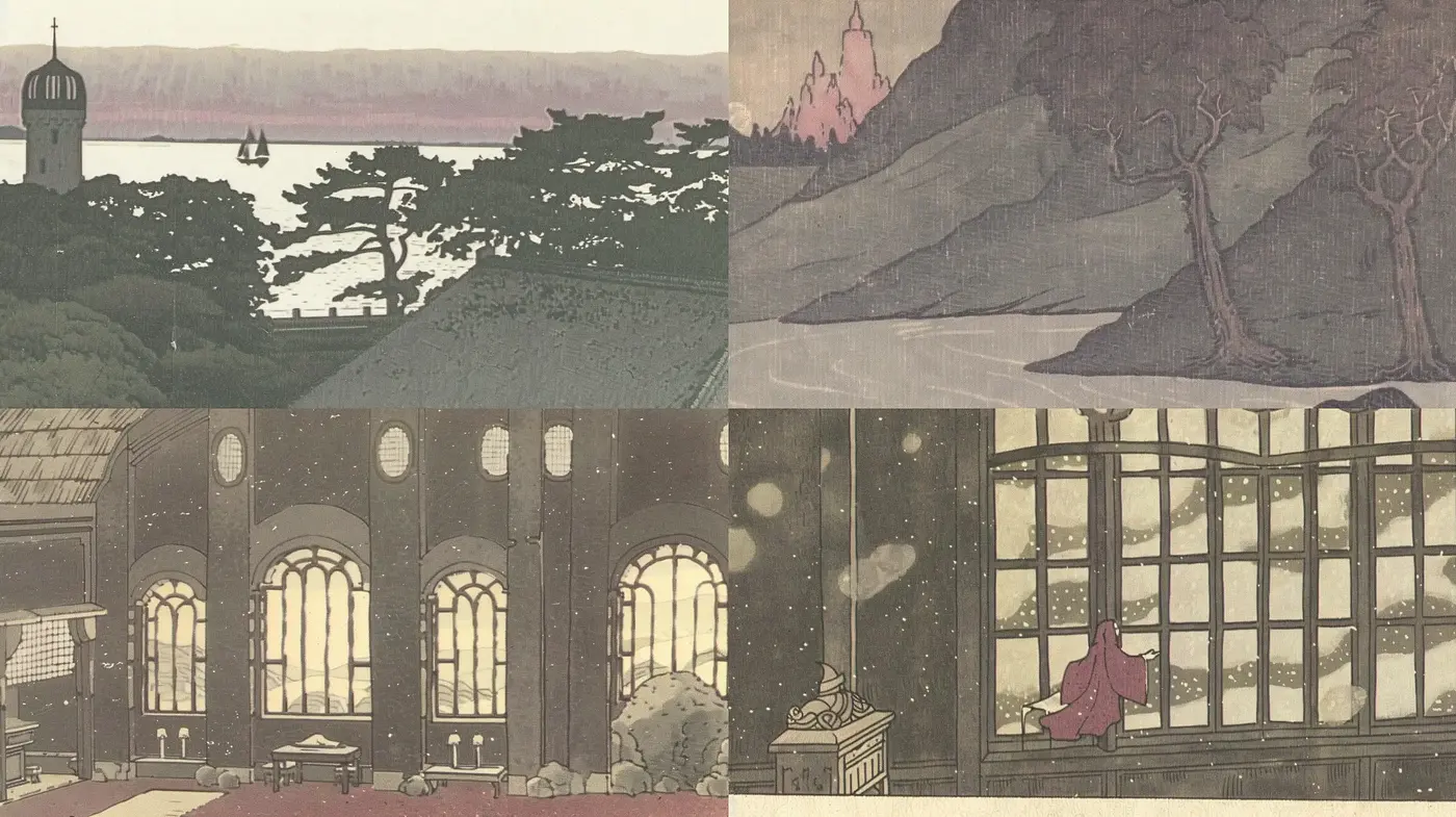 Ethereal Edo-Inspired Vintage Illustrations with a Monochromatic Palette - Midjourney sref style