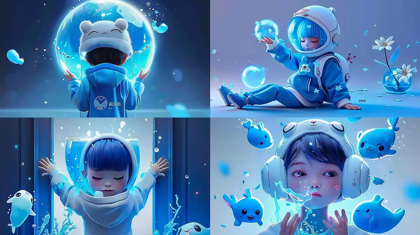 Whimsical Blue Aesthetic with Playful Elements in a Dreamy Environment - Midjourney sref style