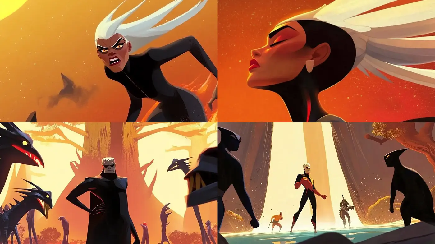 Sunset Hues and Dynamic Silhouettes in Stylized Heroic Narrative - Midjourney sref style