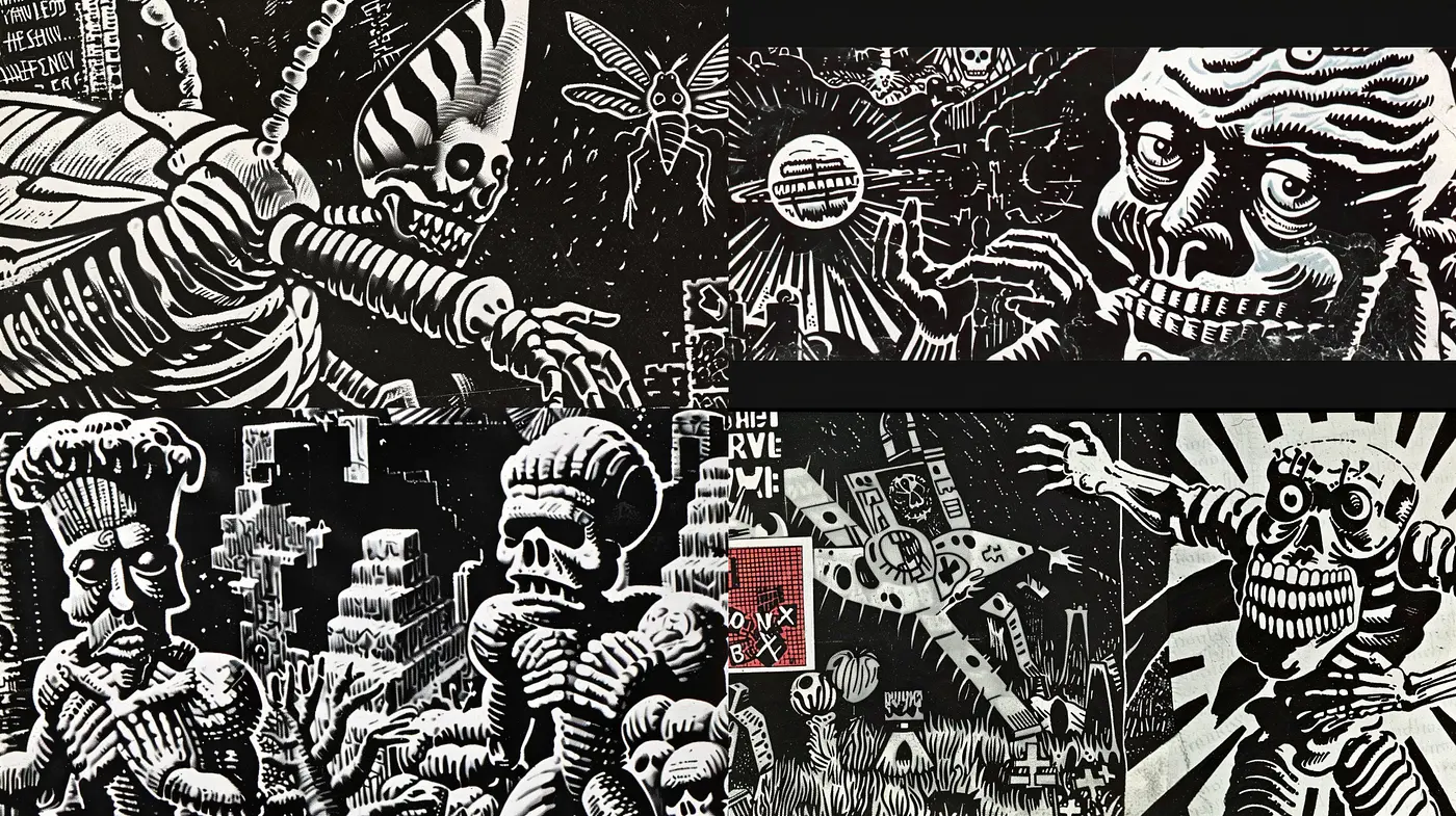 Monochromatic Whimsy: A Fusion of Playful Surrealism and Stark Contrasts - Midjourney sref style