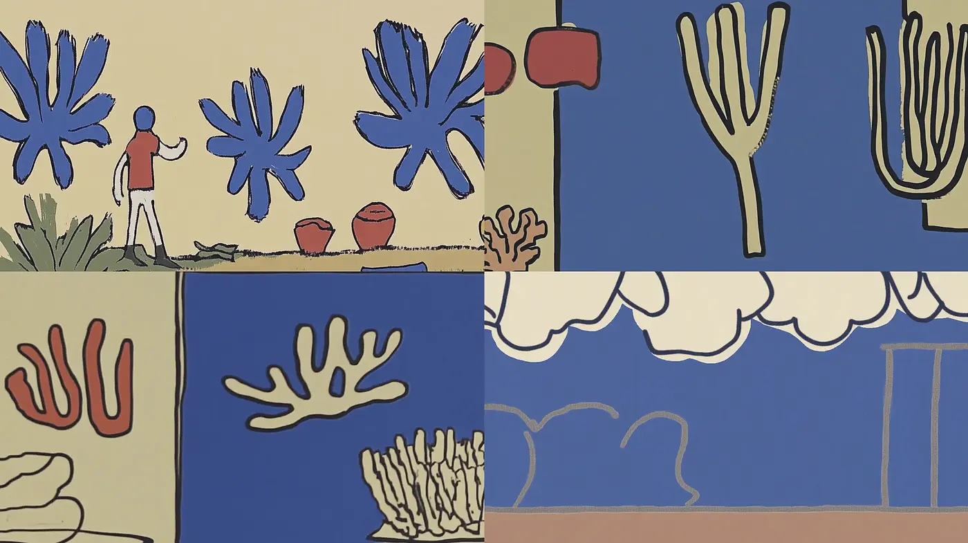 Stylized Simplistic Desert Vignettes with Solid Color Environments - Midjourney sref style
