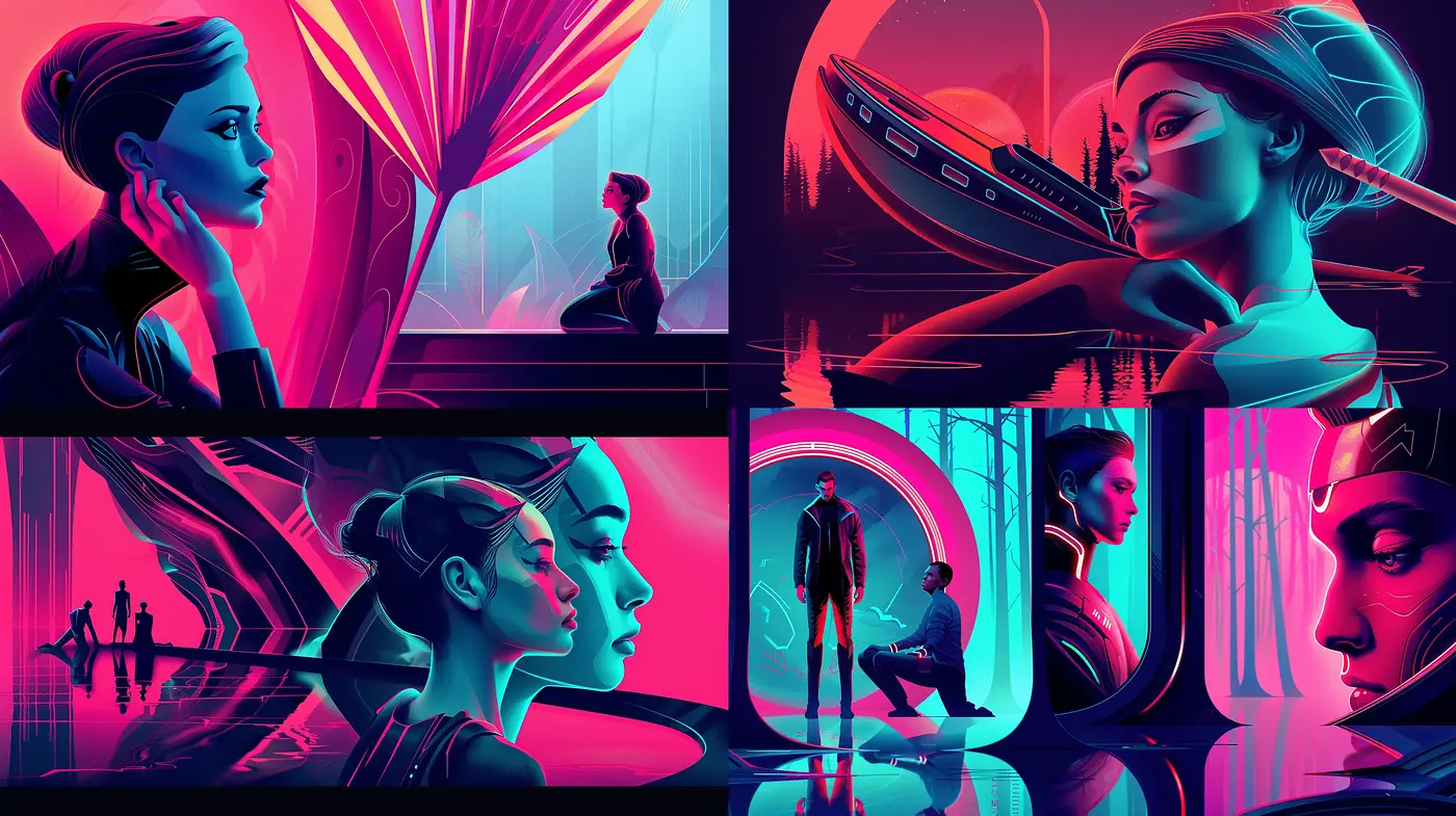 Futuristic Neon Dreams: A Synthesis of Cyberpunk and Art Deco Elements - Midjourney sref style