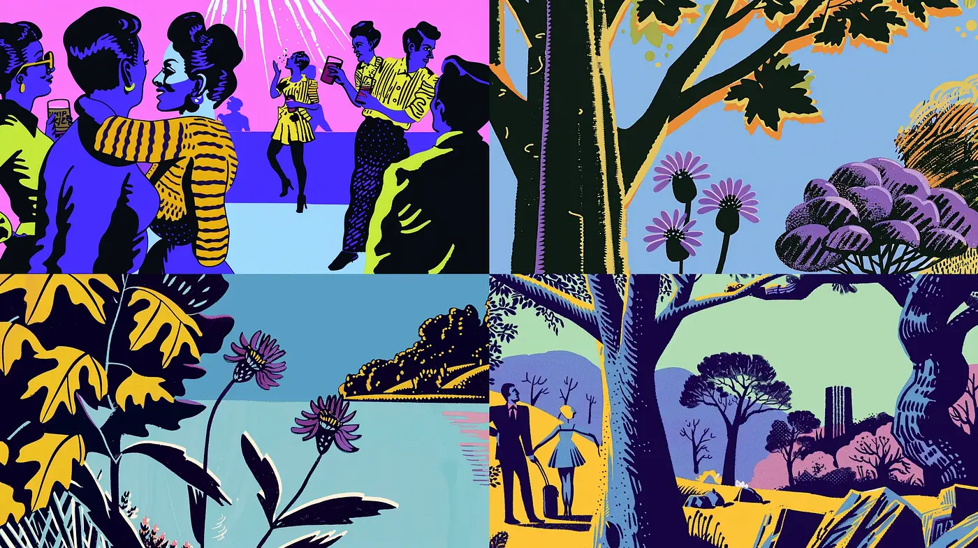 Retro Chromatic Fusion: A Harmonious Blend of Vivid Hues and Nostalgic Illustration - Midjourney sref style