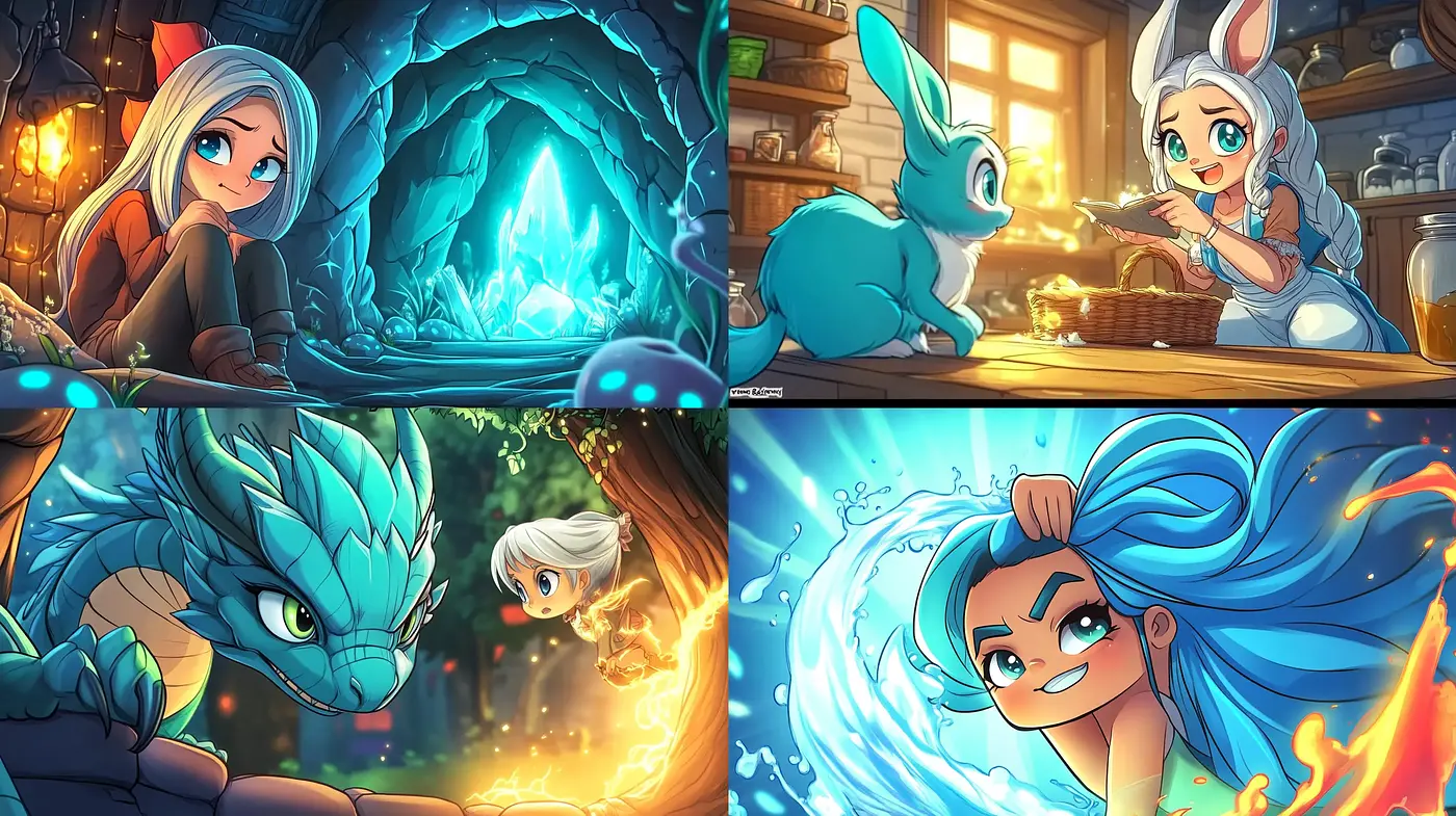 Luminous Fantasy Illustration with Vivid Coloration and Dynamic Characters - Midjourney sref style