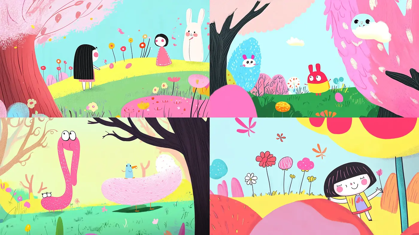 Whimsical Pastel Dreamscape: A Fusion of Surrealism and Children's Book Illustration - Midjourney sref style