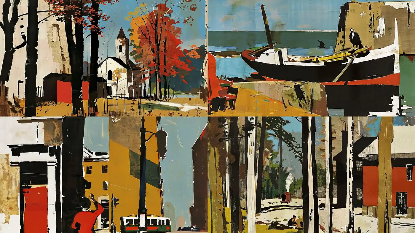 Collage of Abstracted Urban Serenity in Earth Tones - Midjourney sref style