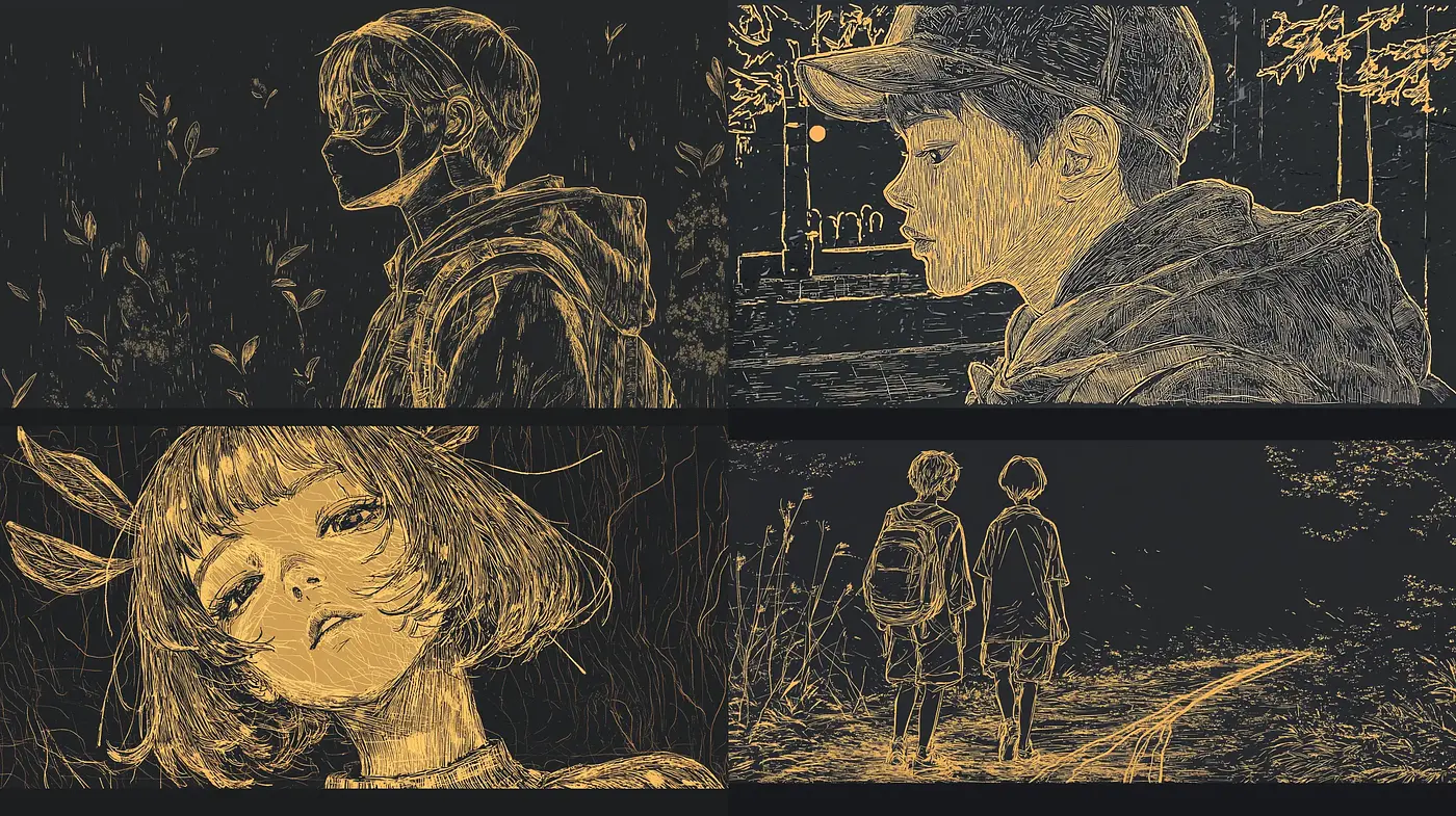Nocturnal Sketchbook: Echoes of Hatched Shadows and Golden Tones - Midjourney sref style