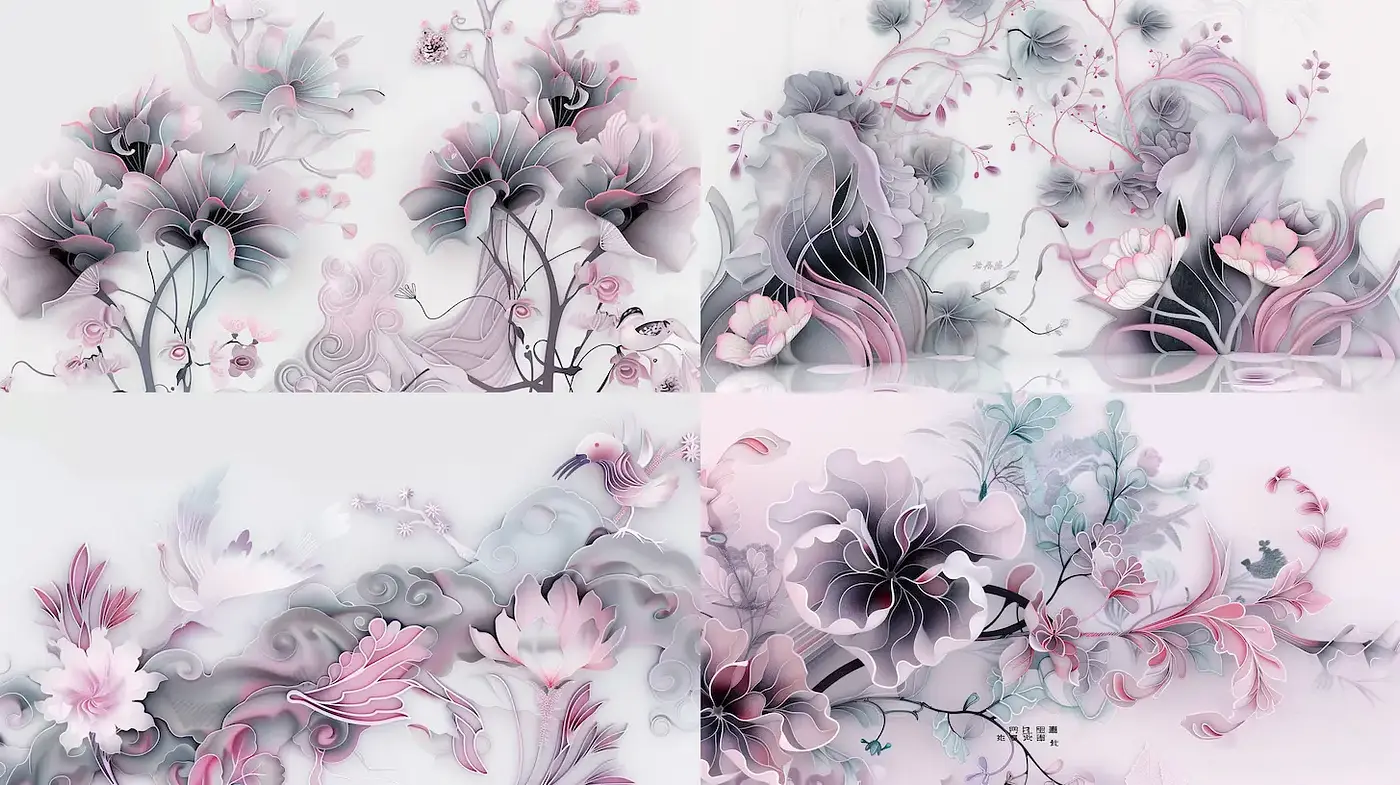Whimsical floral abstraction with ethereal tones and fluid elegance - Midjourney sref style