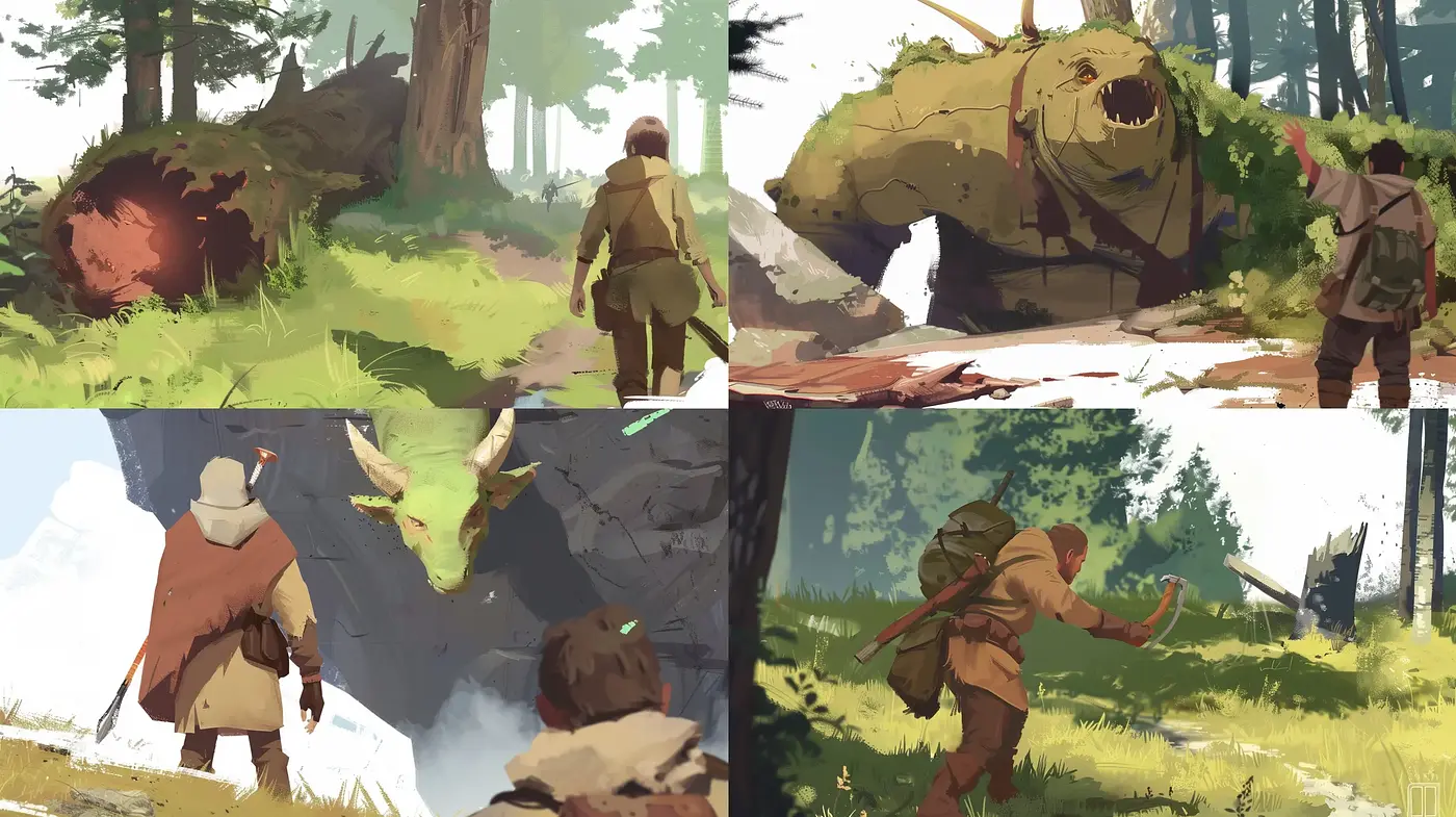 Enigmatic Wilderness Encounter with Stylized Beasts and Nature - Midjourney sref style