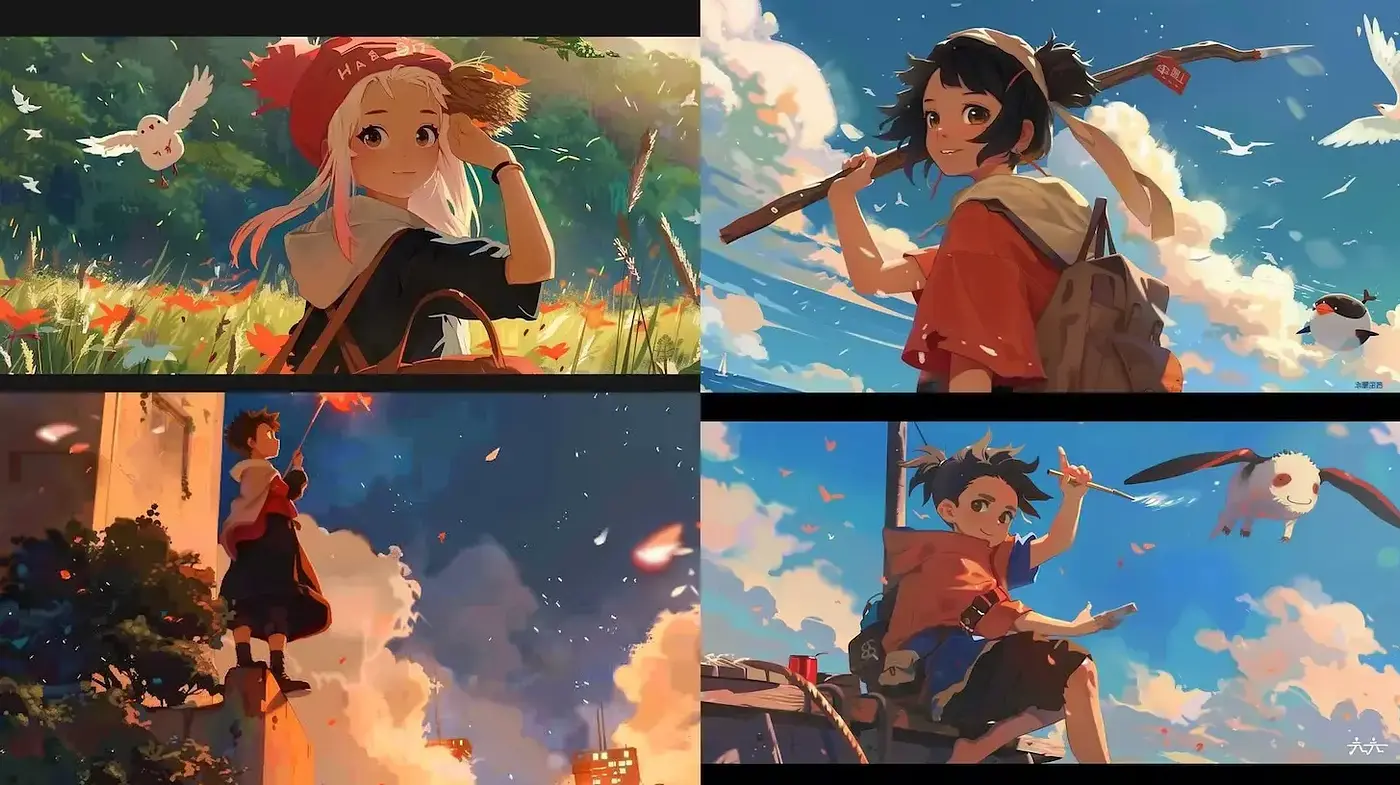 Ethereal Skies and Warm Tones in Dynamic Anime-Inspired Vistas - Midjourney sref style