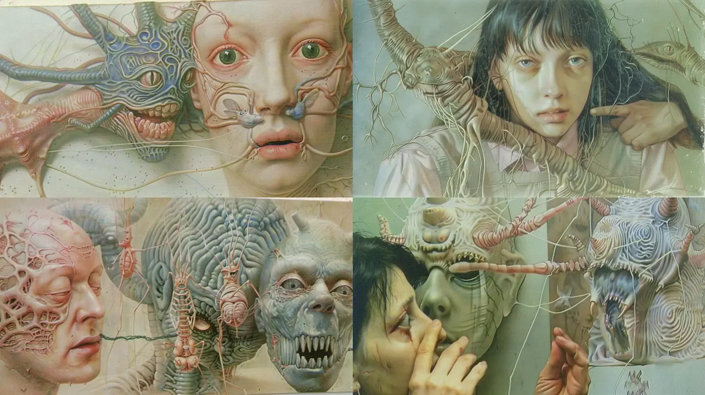 Surreal Anatomical Tapestry: A Blend of Organic Textures and Ethereal Tones - Midjourney sref style