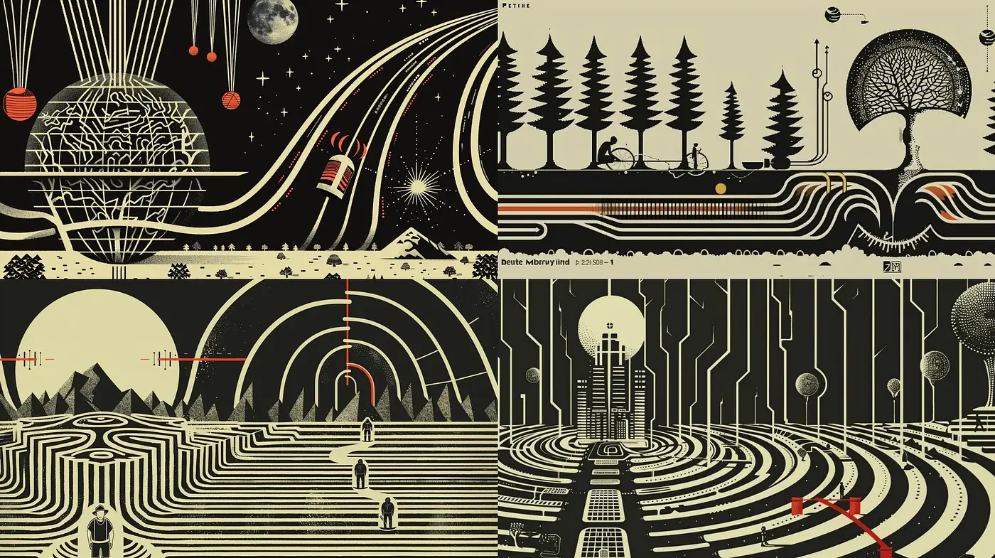 Surreal Linear Vistas: An Homage to Geometric and Cosmic Harmony - Midjourney sref style