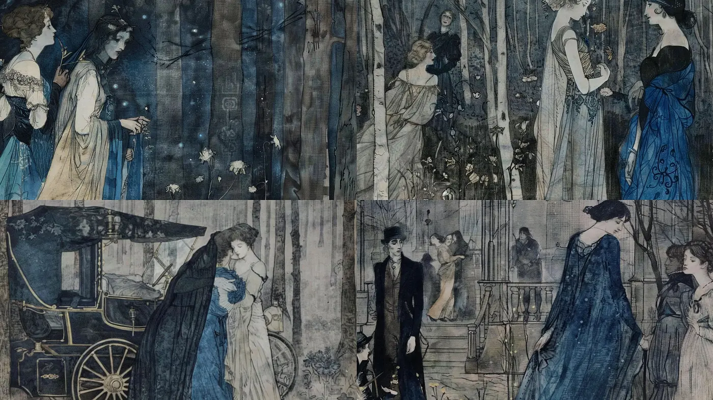 Ethereal Nocturne: A Melancholic Dance in Indigo and Charcoal Shades - Midjourney sref style