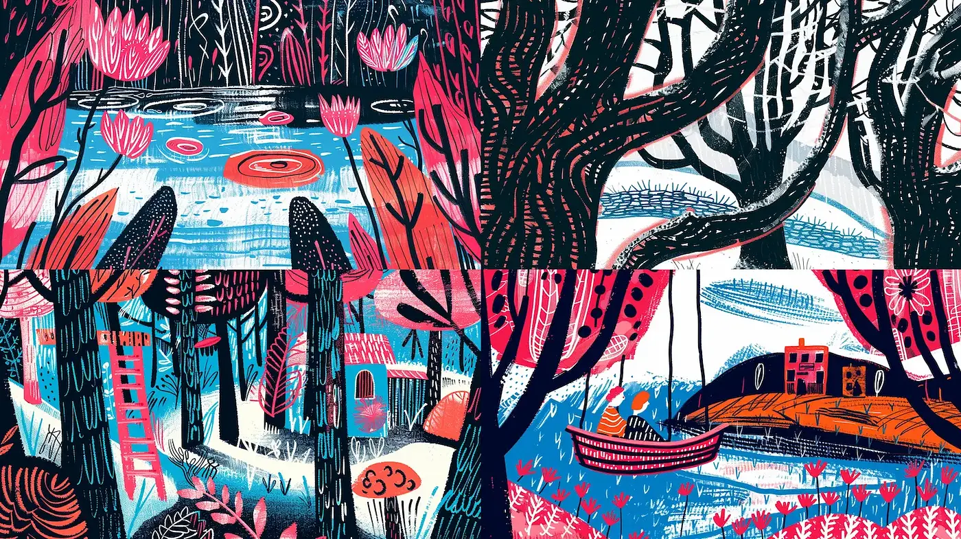 Vibrant and Expressive Nature Scenes with Abstract Forms - Midjourney sref style
