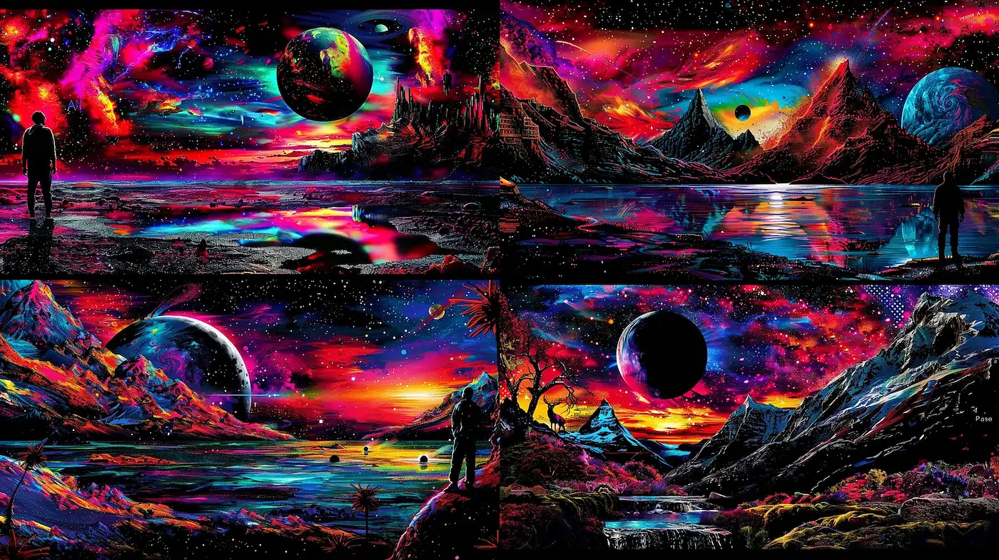 Cosmic Surrealism with Vibrant Coloration and Dreamy Landscapes - Midjourney sref style