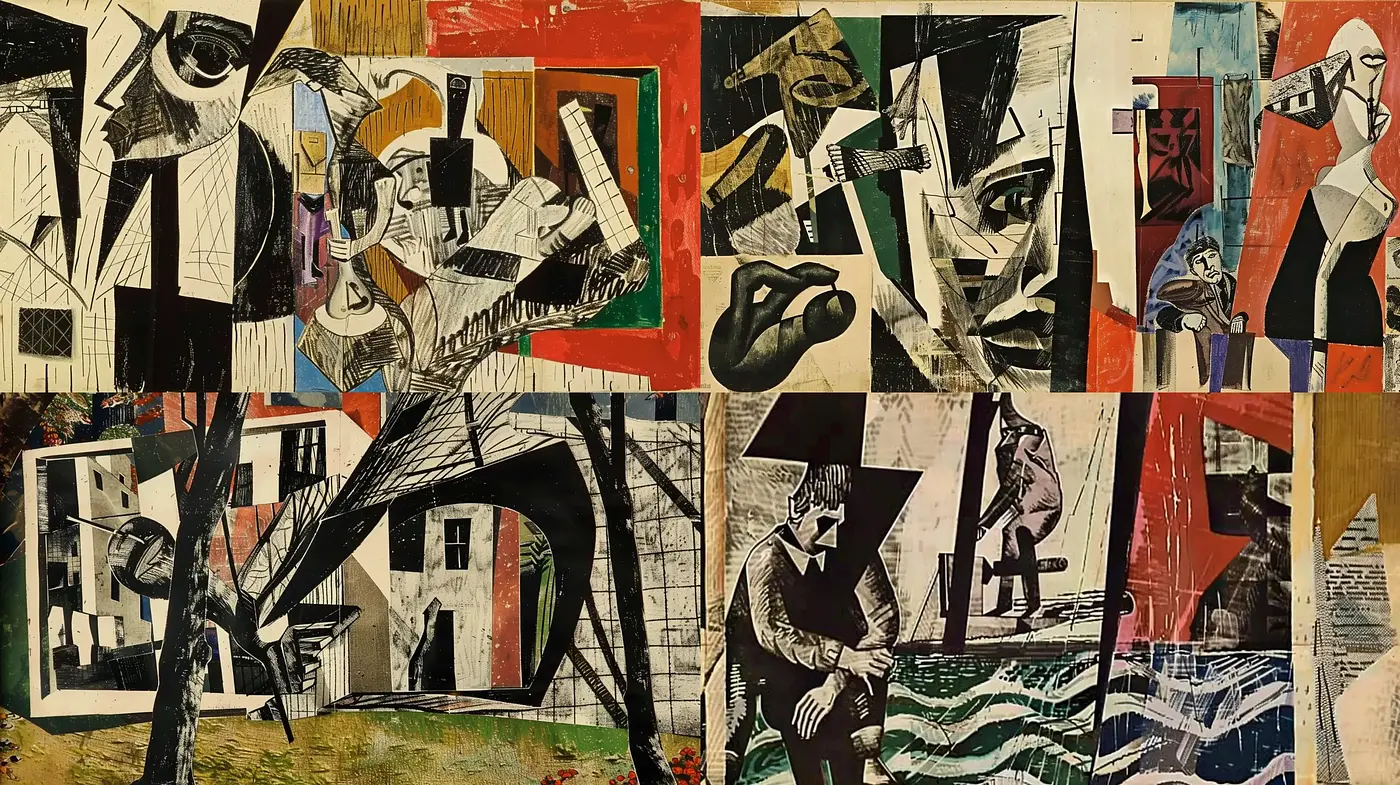 Fragmented Narratives in Abstract Collage Artistry - Midjourney sref style