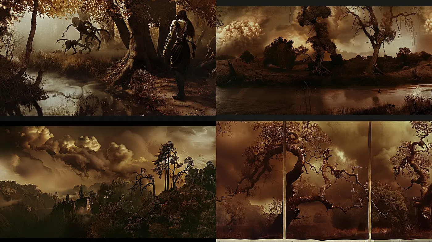 Sepia-Toned Ethereal Dreamscape: A Glimpse into Surreal Nostalgia and Melancholic Vistas - Midjourney sref style