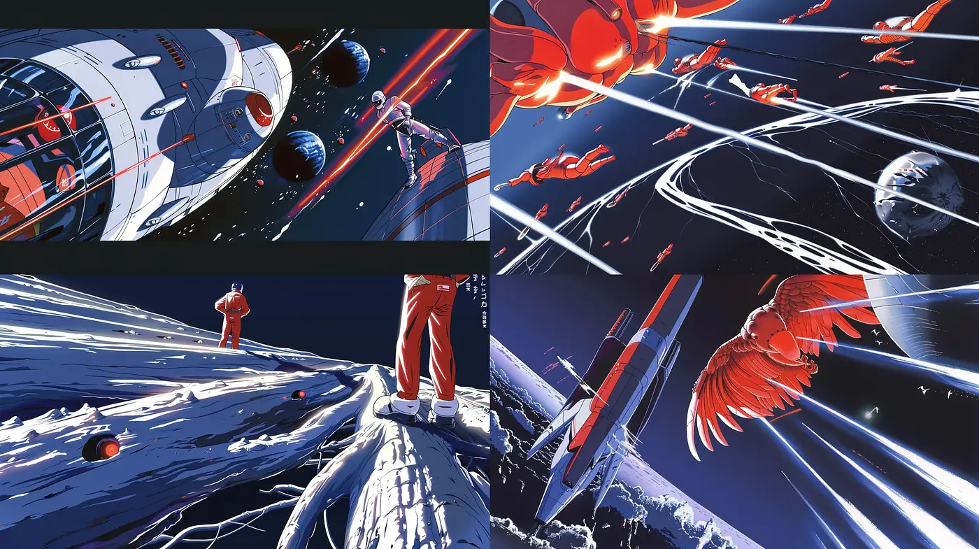 Dynamic Interstellar Travel Scenes with a Stylized Comic Book Aesthetic - Midjourney sref style