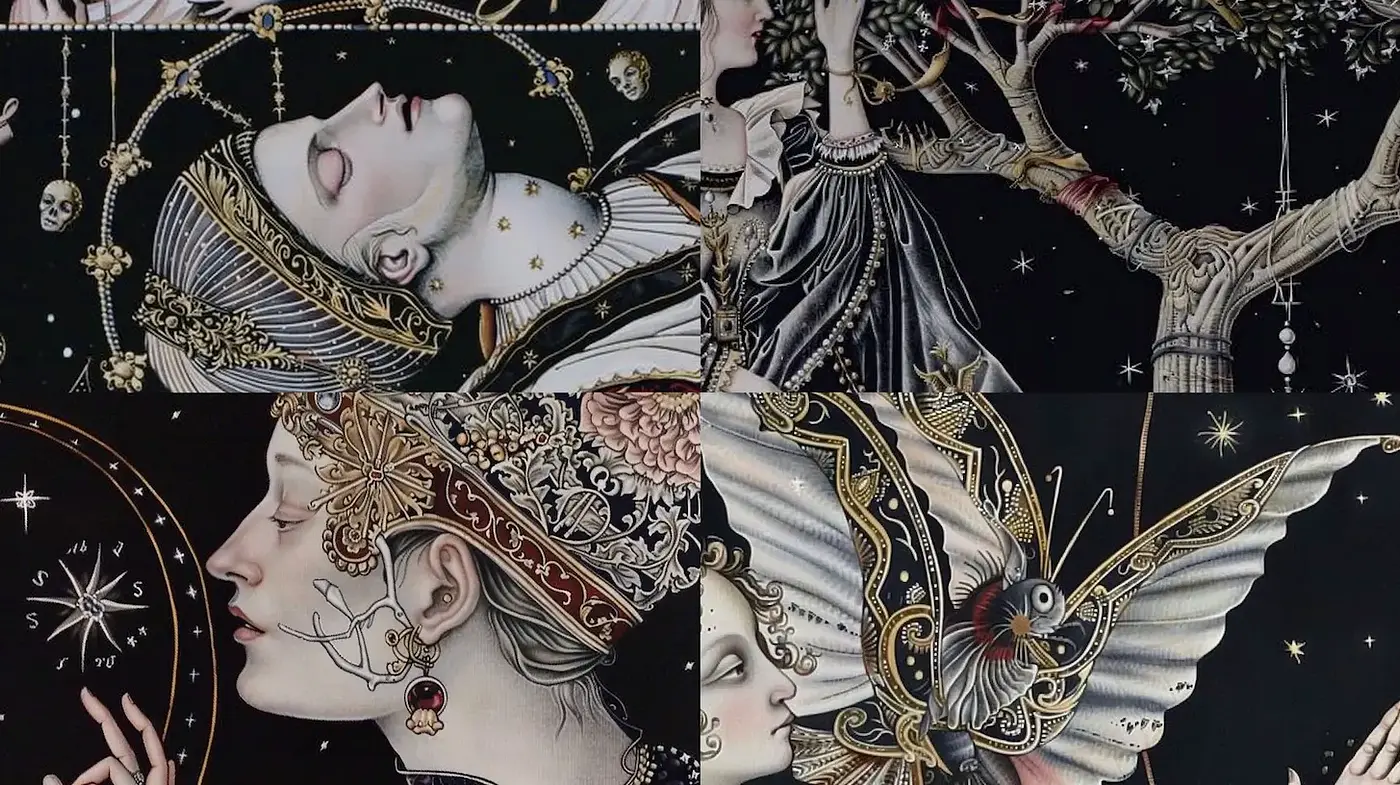 Intricate Art Nouveau Influenced Fantasy Illustrations with a Dark Palette - Midjourney sref style