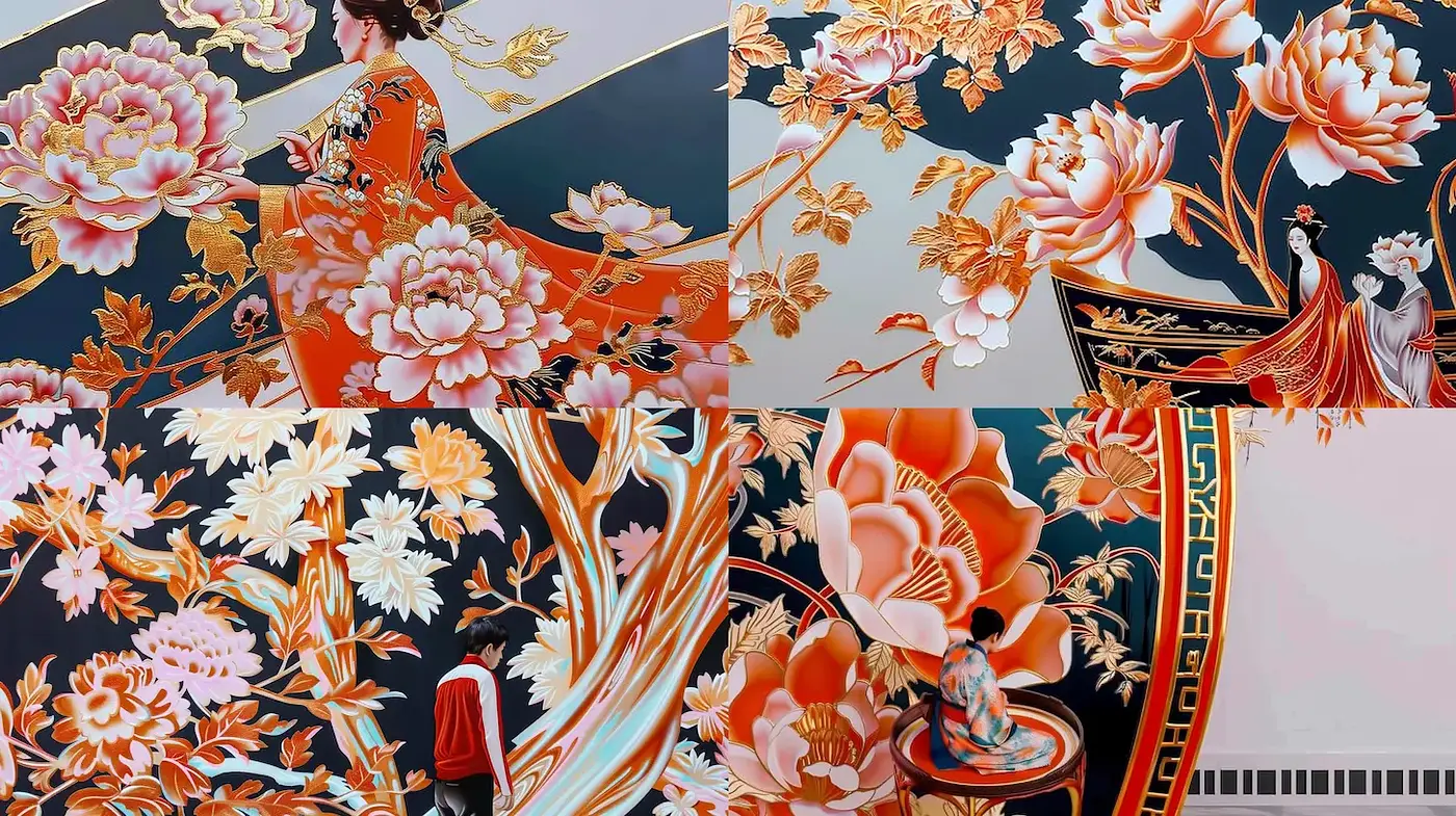 Elegant Floral Motifs Blending Traditional Asian Aesthetics with Contemporary Artistry - Midjourney sref style