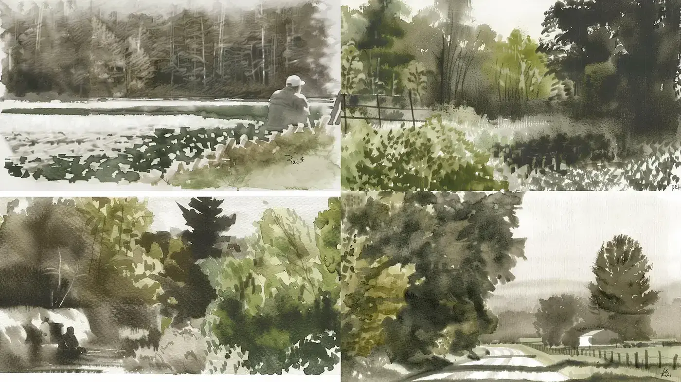 Subtle Harmonies in Watercolor Landscape Art - Midjourney sref style