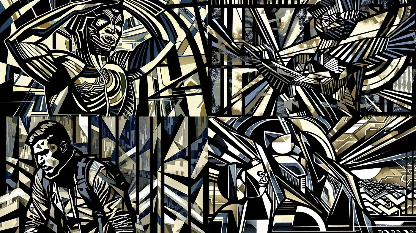 Noir Cubist Echoes: A Fusion of Geometric Abstraction and Monochromatic Storytelling - Midjourney sref style