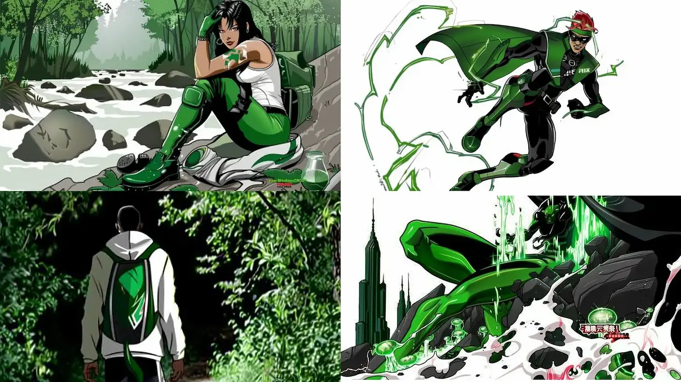Dynamic, vibrant comic-inspired visuals with an eco-friendly theme - Midjourney sref style