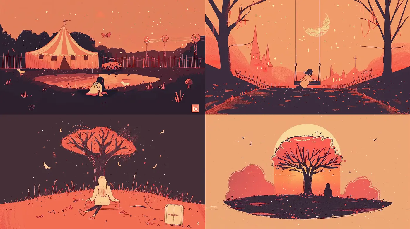 Twilight Hues and Silhouetted Tales: Consistency in Atmospheric Illustration - Midjourney sref style