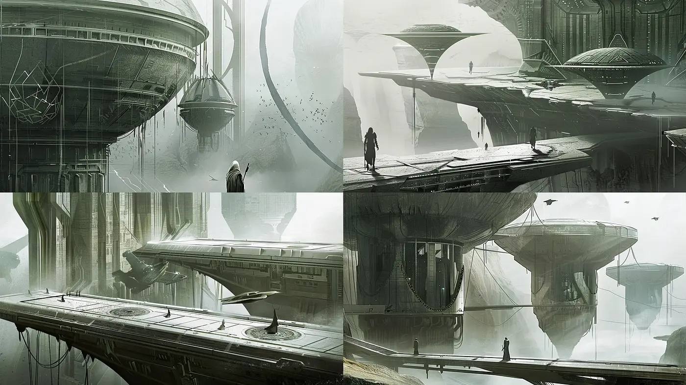 Dystopian Dreamscape: Monochromatic Echoes of Futuristic Solitude - Midjourney sref style