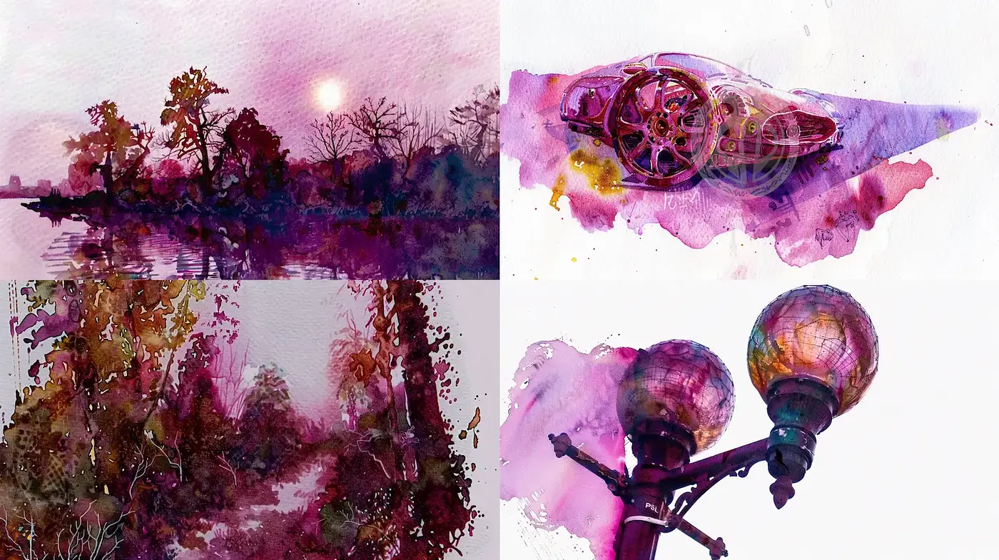 Watercolor Landscapes with Surreal Elements and Vibrant Purples - Midjourney sref style
