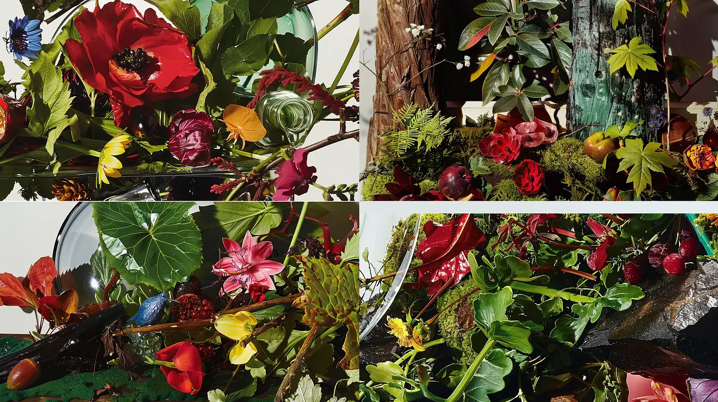 Lush Botanical Ensemble with Vivid Textural Diversity - Midjourney sref style