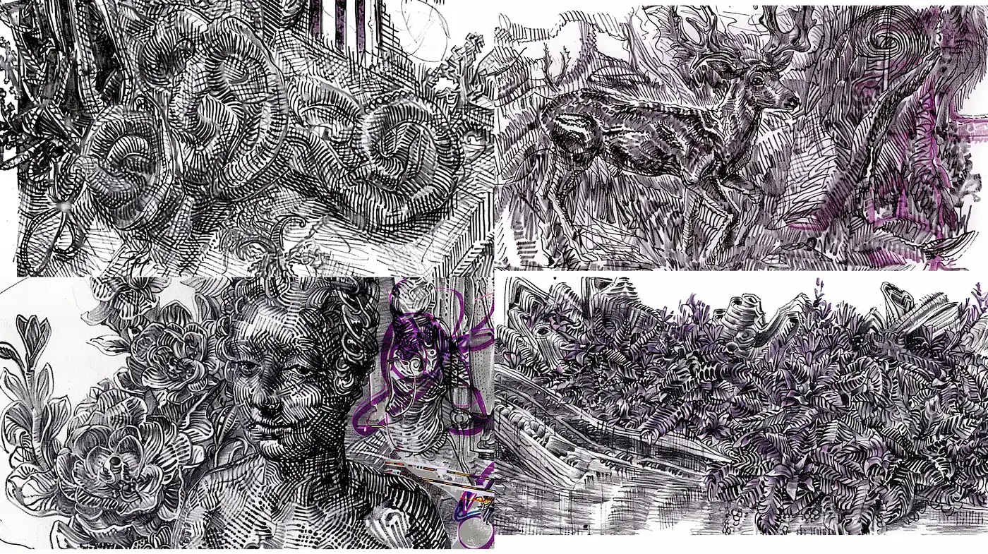 Intricate Line Work with Organic Elements and a Surreal Touch - Midjourney sref style