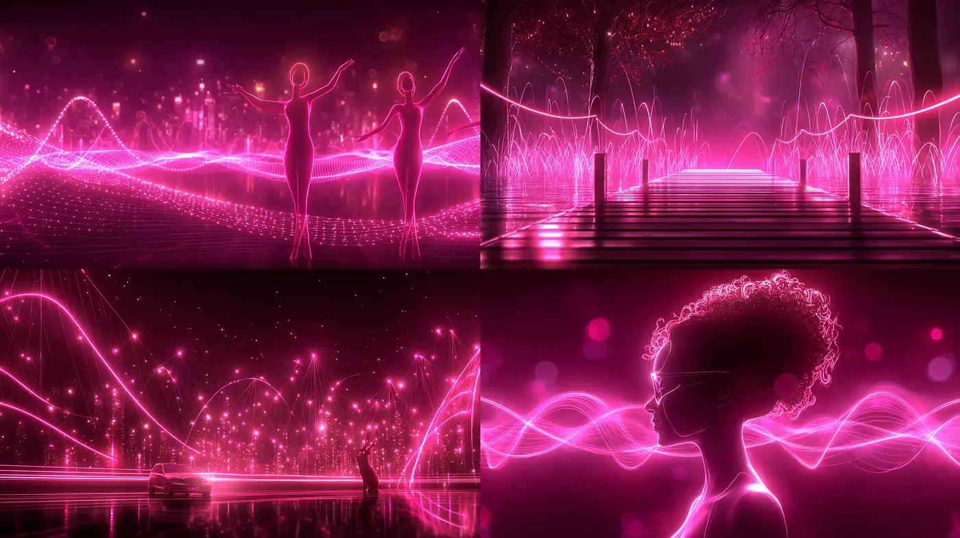 Futuristic Neon Aesthetics with Ethereal Qualities and Dynamic Light Elements - Midjourney sref style