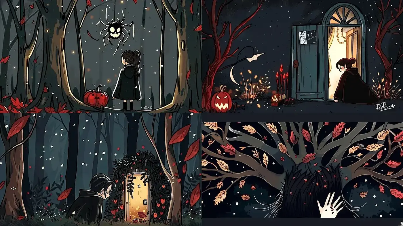 Whimsical and Enigmatic Autumnal Illustrations with Darker Undertones - Midjourney sref style