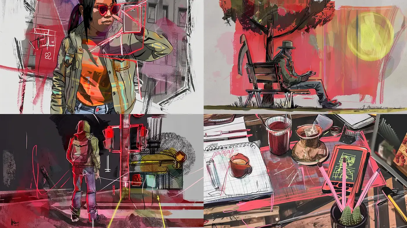 Dynamic and expressive illustration with urban and natural themes - Midjourney sref style