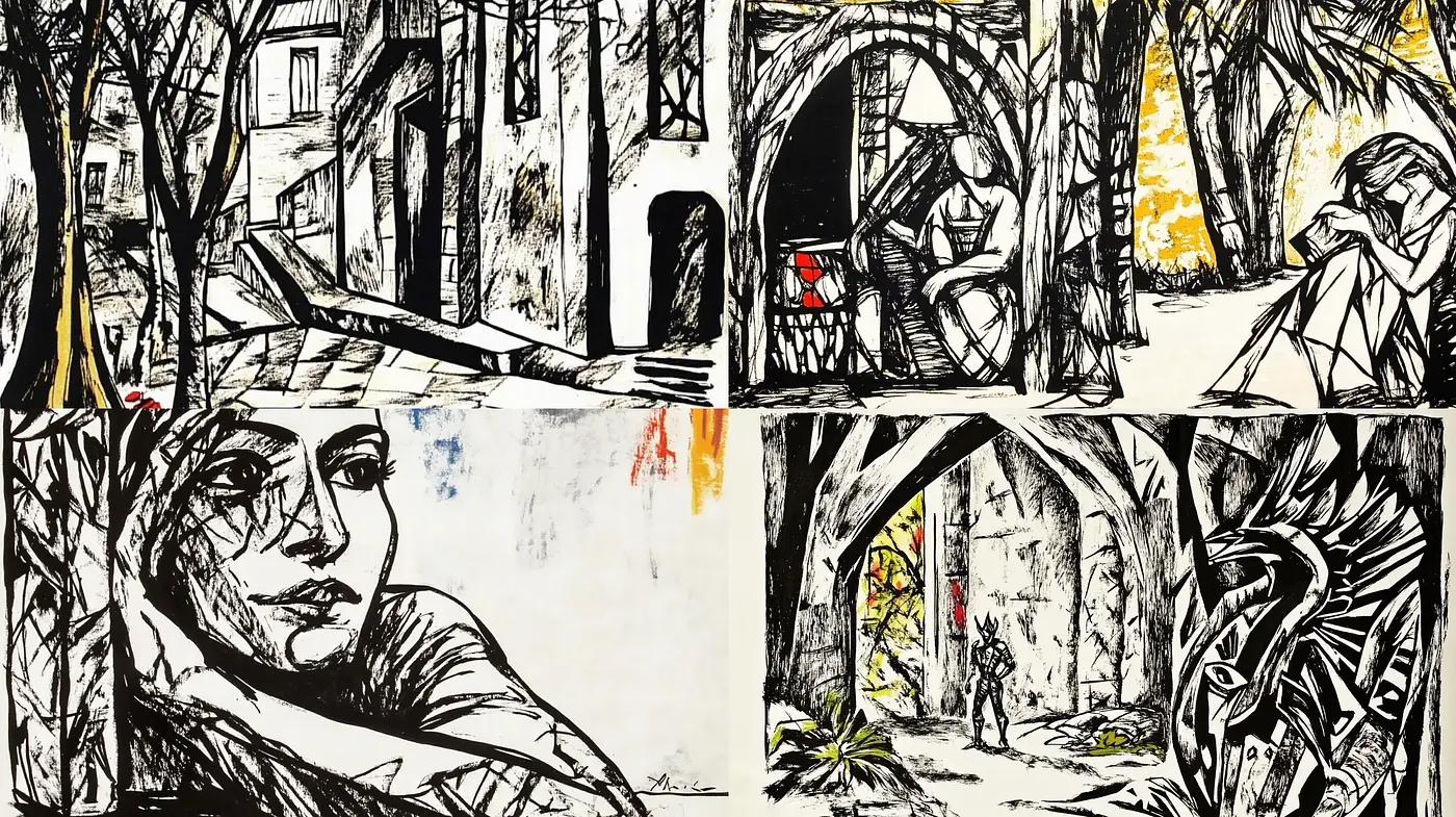 Stark Ink Brushwork on Monochrome with Expressionist Undertones - Midjourney sref style