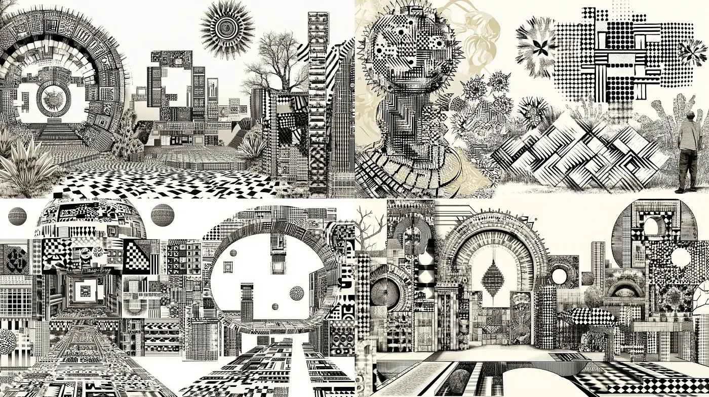 Monochromatic Architectural Dreamscape with Escheresque Influence - Midjourney sref style