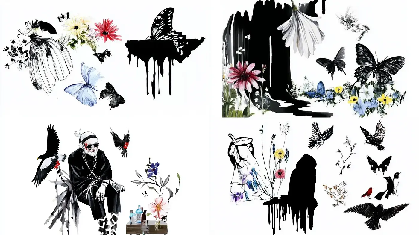 Contrasted Botanical and Avian Silhouettes with Vibrant Accents - Midjourney sref style