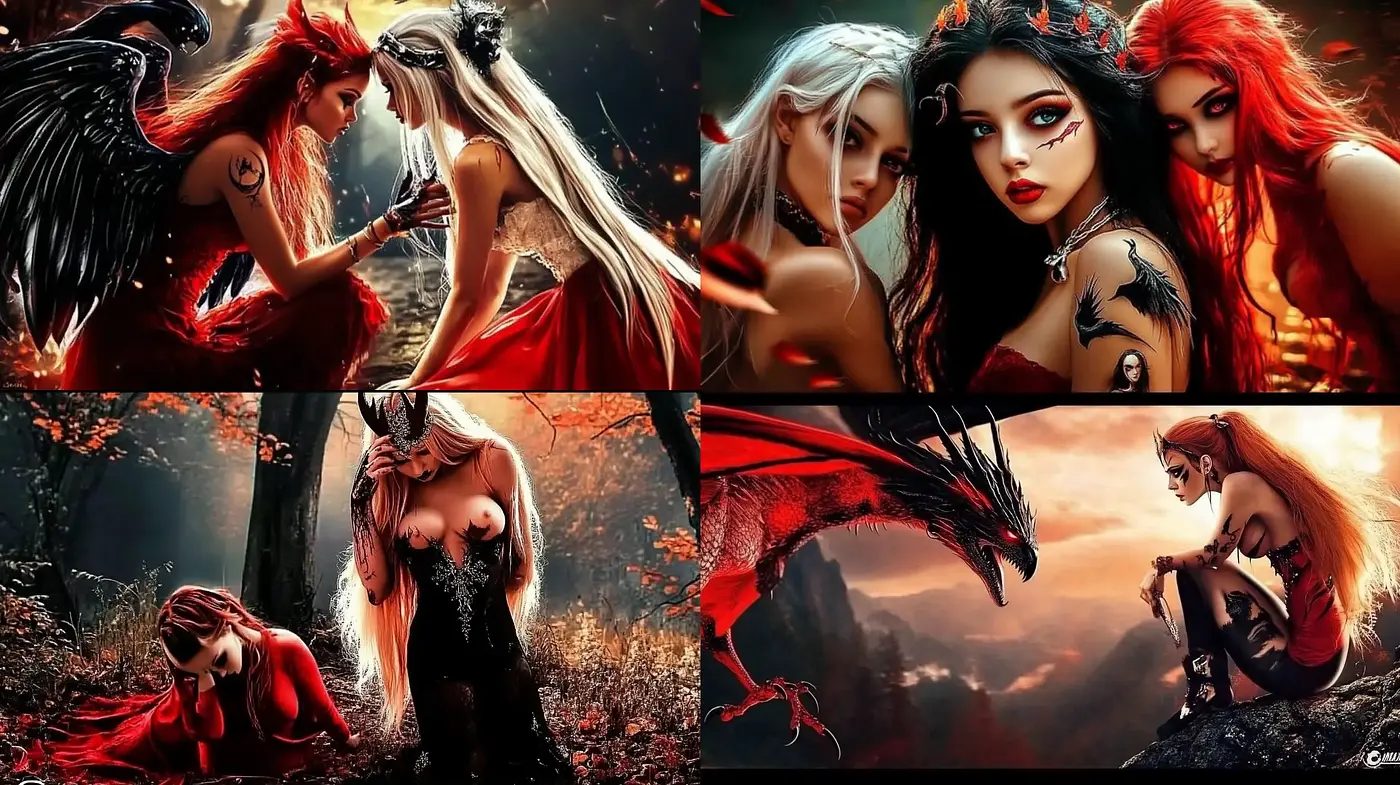 Fantasy Crimson Dreamscape: An Enigmatic Fusion of Mythical Creatures and Vibrant Embers - Midjourney sref style