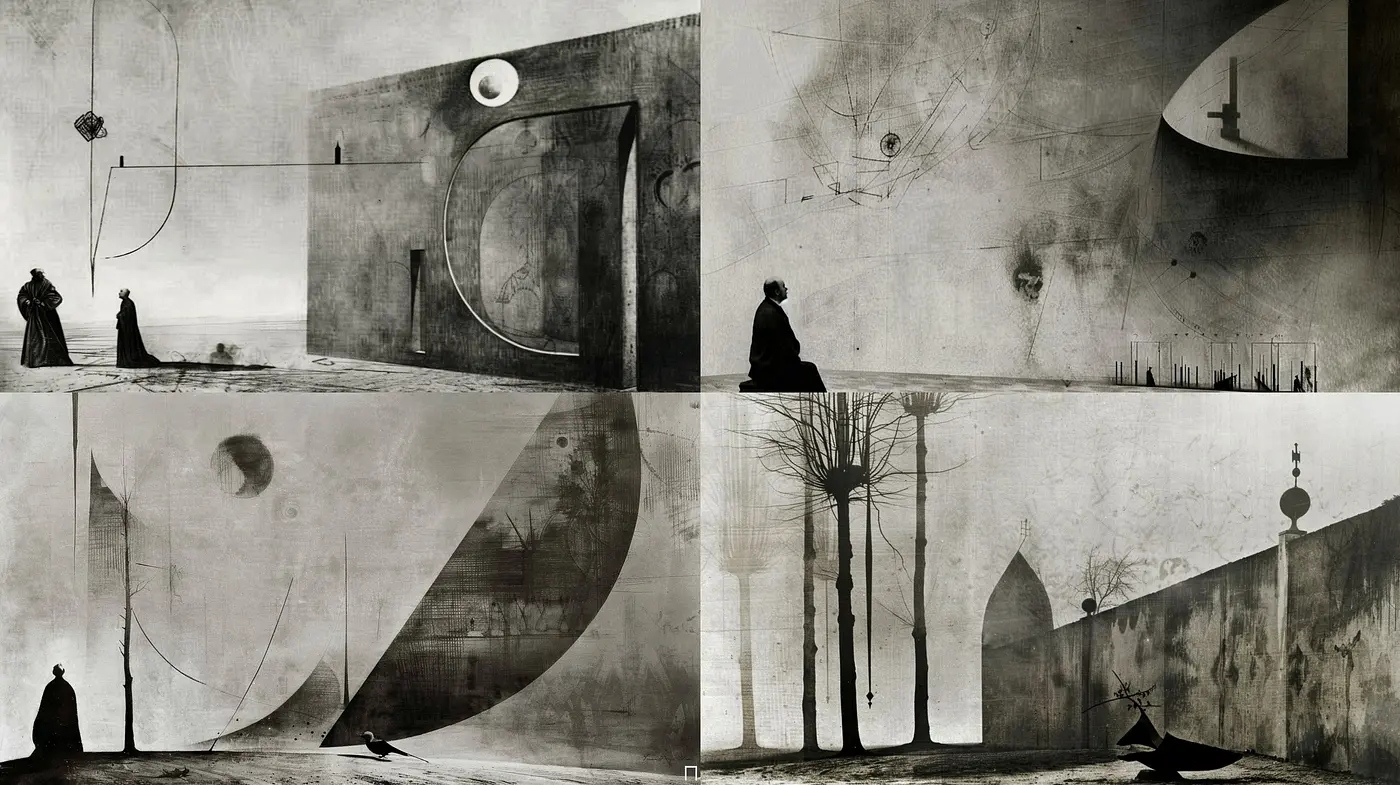 Monochromatic Whispers of Surrealism: Evoking the Ethereal Shadows of Silent Dreams - Midjourney sref style