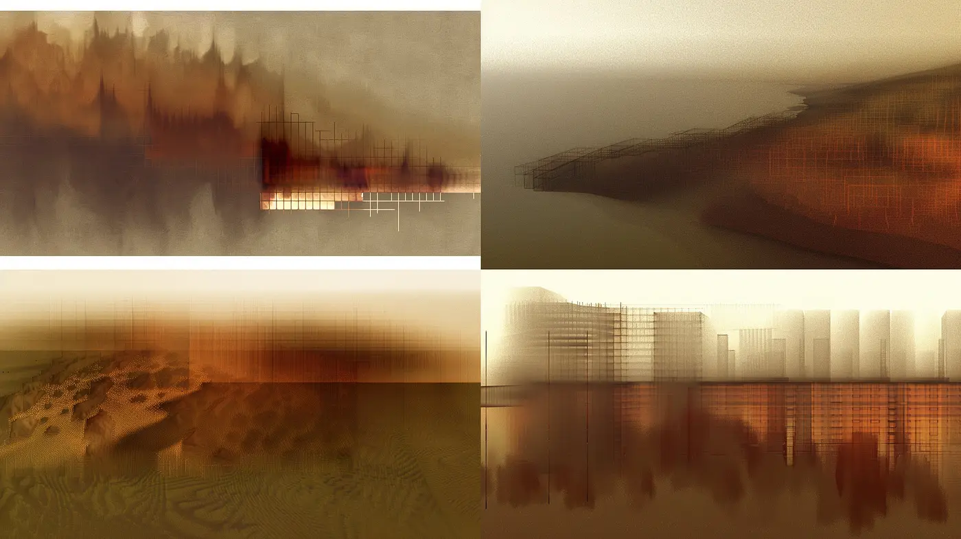 Ephemeral Sepia Visions: A Journey Through Abstracted Landscapes and Blurred Horizons - Midjourney sref style