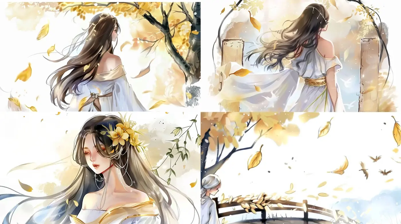 Ethereal Autumn Elegance: A Consistent Palette of Warm Pastel Hues with Delicate Ink Details - Midjourney sref style