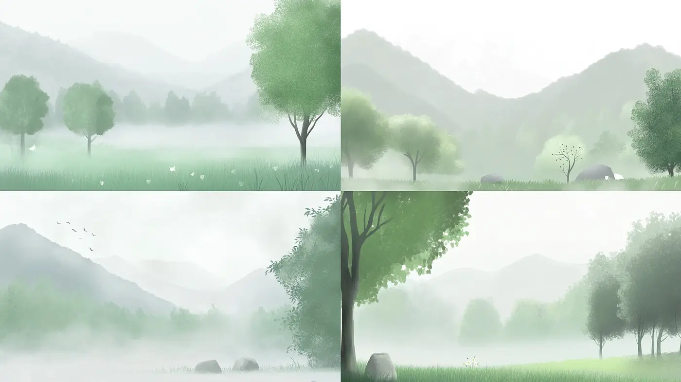 Ethereal Morning Mist Landscapes in Serene Greens - Midjourney sref style